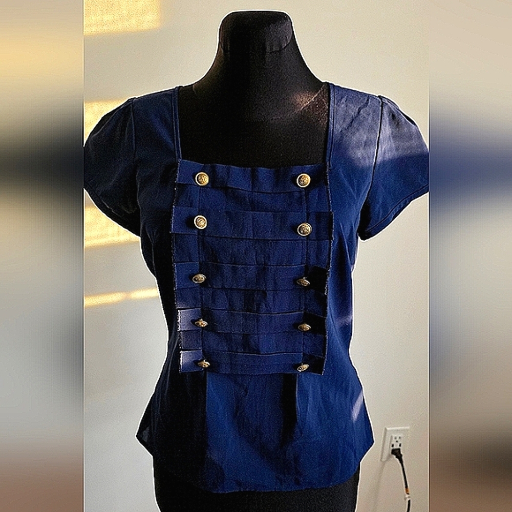 Atmosphere Navy Blue Blouse With Meral Golden Buttons Balmain Style US4